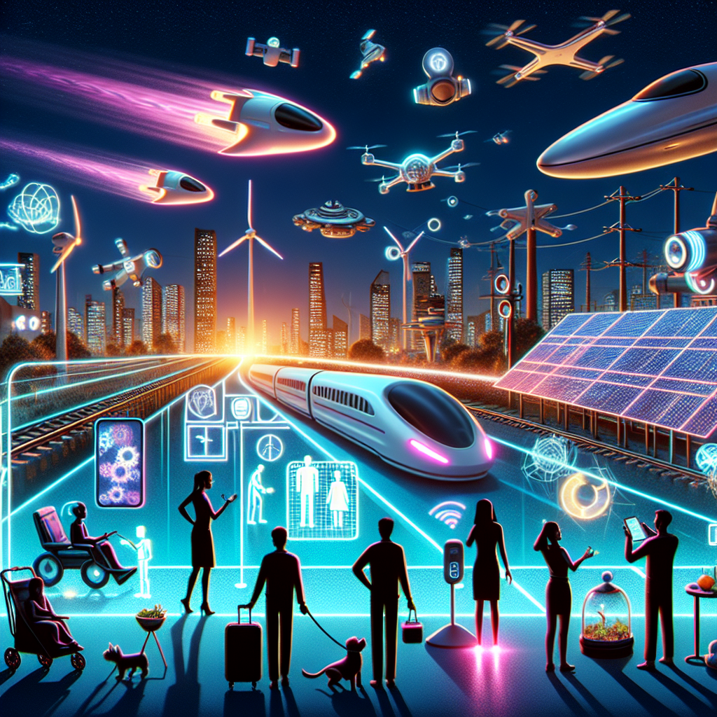 "Futuristic city skyline showcasing smart technology integration, including autonomous vehicles, solar-powered buildings, and AI-driven urban infrastructure, illustrating innovations expected to transform daily life in 2025."