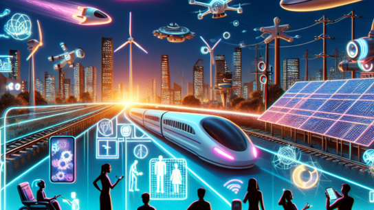 "Futuristic city skyline showcasing smart technology integration, including autonomous vehicles, solar-powered buildings, and AI-driven urban infrastructure, illustrating innovations expected to transform daily life in 2025."