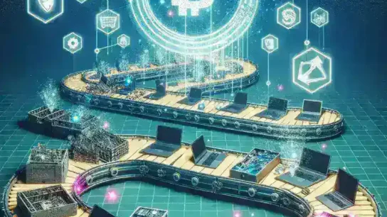 "Infographic illustrating the concept of blockchain technology used for tracking laptop reuse cycles, showcasing data flow, user interaction, and sustainability benefits."