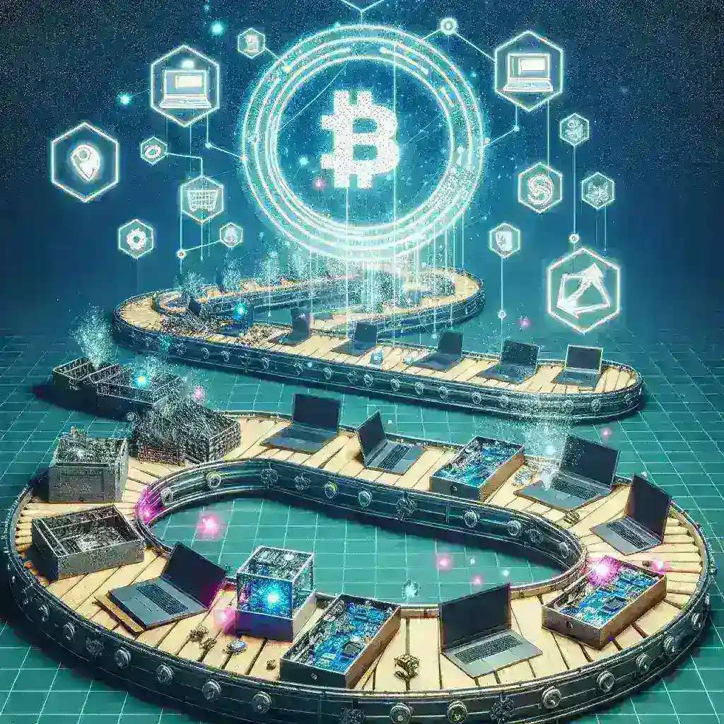 "Infographic illustrating the concept of blockchain technology used for tracking laptop reuse cycles, showcasing data flow, user interaction, and sustainability benefits."