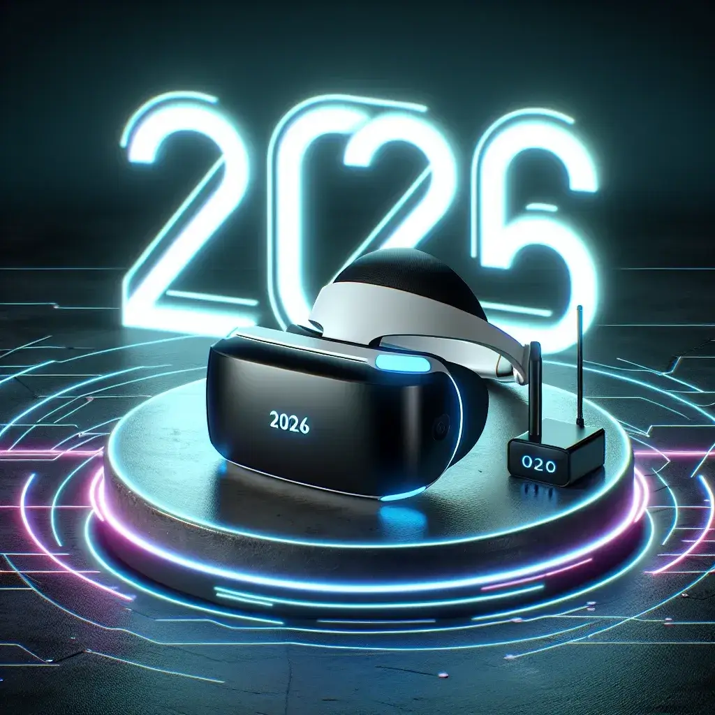 "Sony PSVR2 wireless adapter development announcement, 2026 – close-up image of PSVR2 headset with visual focus on wireless technology features."