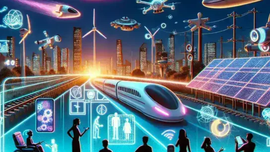 "Futuristic city skyline showcasing smart technology integration, including autonomous vehicles, solar-powered buildings, and AI-driven urban infrastructure, illustrating innovations expected to transform daily life in 2025."
