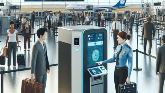 "Digital identity kiosk at U.S. airport enhancing TSA PreCheck clearance process, enabling faster passenger verification and streamlined travel experience."