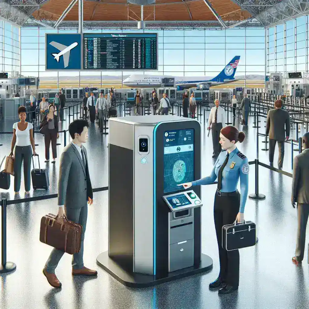 "Digital identity kiosk at U.S. airport enhancing TSA PreCheck clearance process, enabling faster passenger verification and streamlined travel experience."